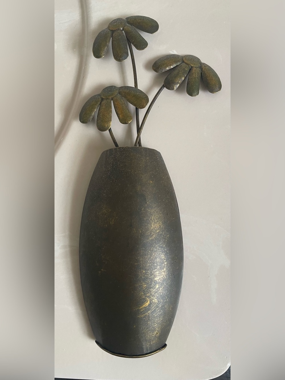 Metal Wall Vase with Three Daisy Blooms in Antiqued Bronze